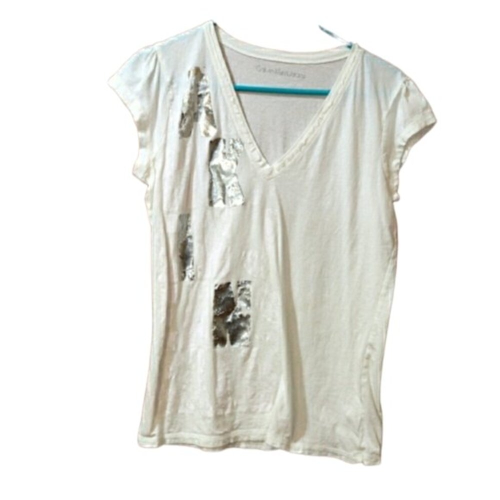 Calvin Klein Jean's White Tshirt Distressed Logo Vneck LG